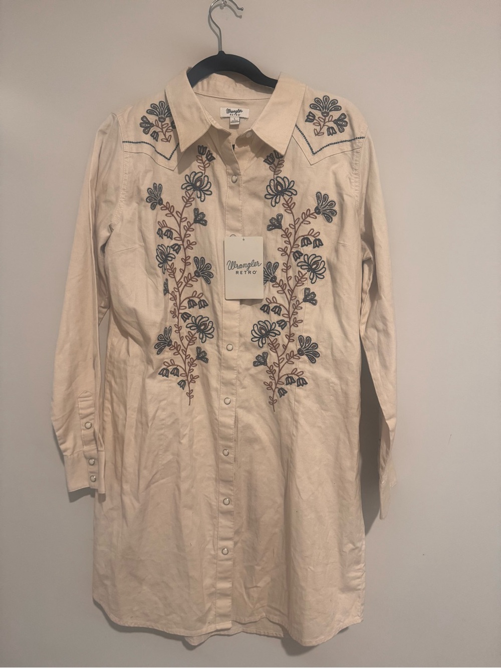 Wrangler Cream Long-Sleeve Embroidered Shirt Dress